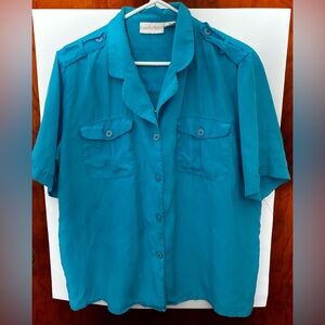 Vintage Christie & Jill  Teal Button-Down Short Sleeve Shirt 100% Silk